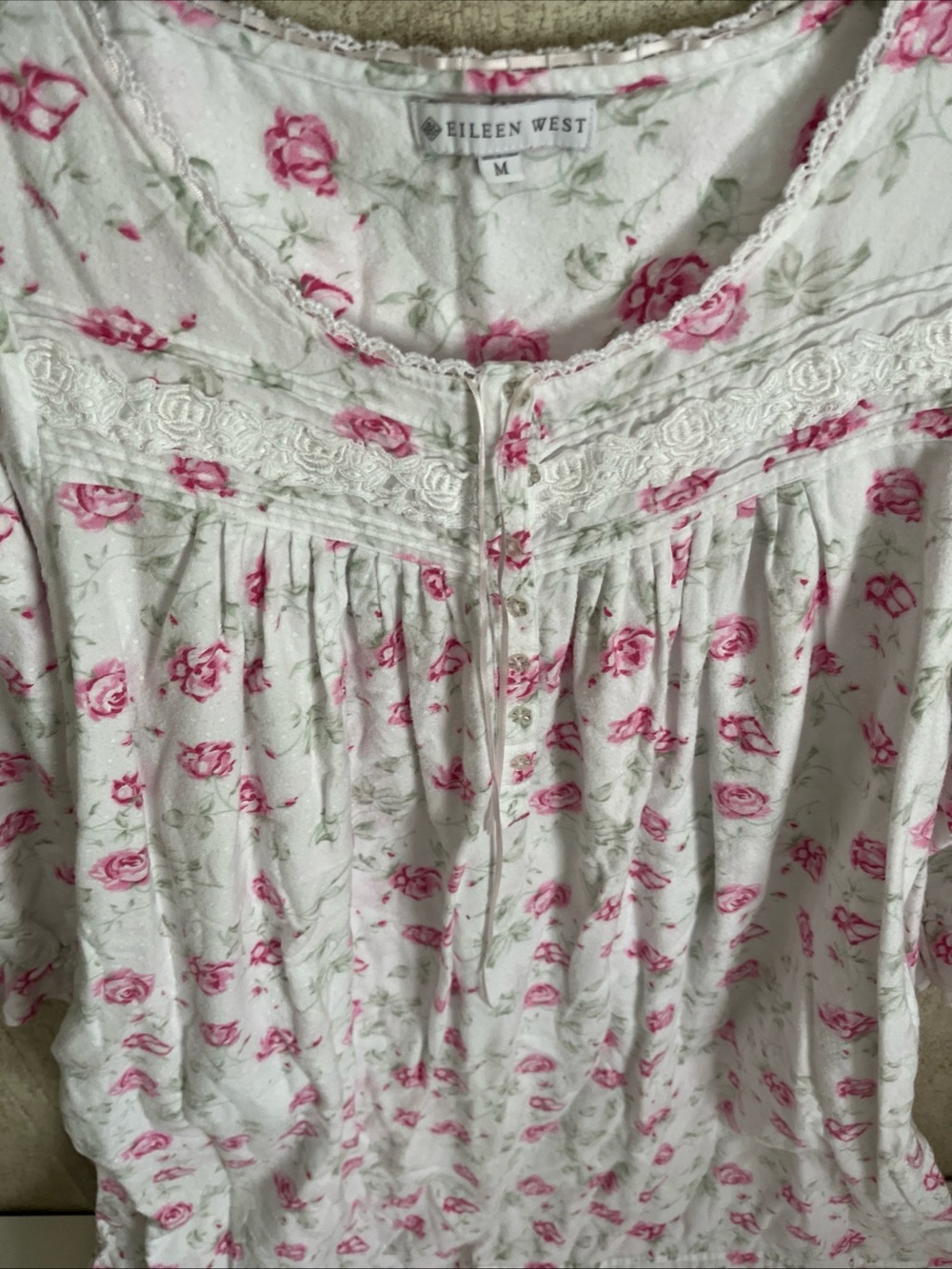 Eileen West Flannel Cotton Nightgown White Pink Roses Floral Lace Trim Cottage M - Picture 2 of 8